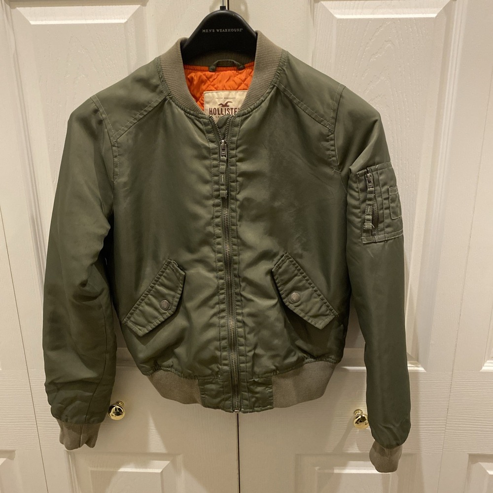 Hollister Flight Jacket Boys Green Bomber XS Y2K Olive Orange Lining Pockets Zip